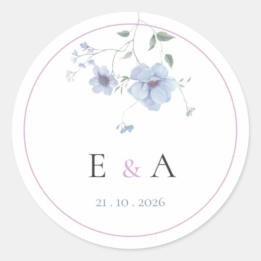 Sticker Rond Elegant Monogram Pink & Blue Floral Wedding (Devant)