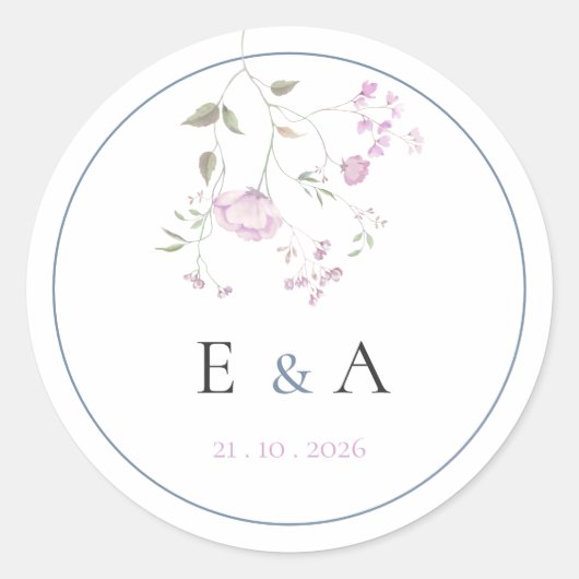 Sticker Rond Elegant Monogram Pink & Blue Floral Wedding (Devant)