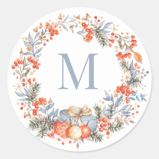 Sticker Rond Elegant Monogram Wreath Dusty Blue Modern (Devant)