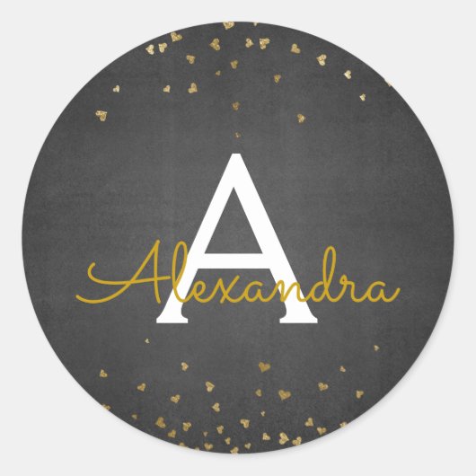 Sticker Rond Élégant Monogramme à huile noire et or Confetti (Devant)