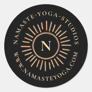 Sticker Rond Élégant Monogramme Abstrait Noir Jaune Or