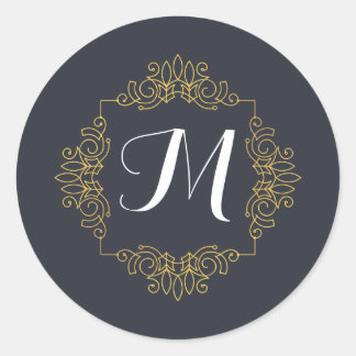 Sticker Rond Élégant Monogramme bleu et or | Entrez votre propr