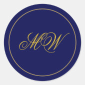 Sticker Rond Élégant Monogramme bleu foncé et Mariage or (Devant)