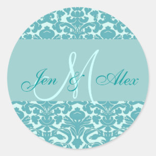 Sticker Rond Elégant Monogramme Bleu Mariage damassé Seal