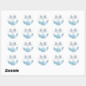 Sticker Rond Élégant Monogramme bleu Mariage floral (Feuille)
