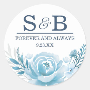 Sticker Rond Élégant Monogramme bleu Mariage floral