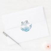 Sticker Rond Élégant Monogramme bleu Mariage floral (Enveloppe)
