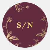 Sticker Rond Élégant monogramme chic or moderne mariage bordeau (Devant)