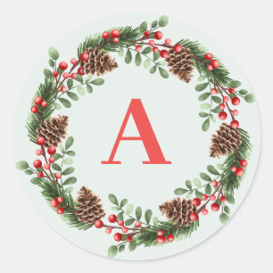 Sticker Rond Élégant Monogramme Cones de Noël Wreath