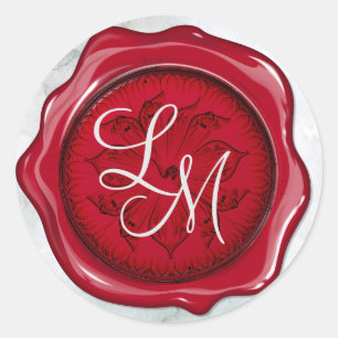 Sticker Rond Élégant Monogramme de cire florale rouge et noire