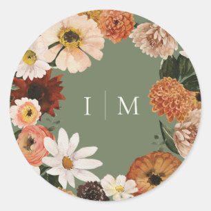 Sticker Rond Élégant Monogramme de Mariage Bohème aux Fleurs Sa