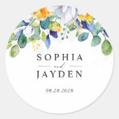 Sticker Rond Élégant monogramme de mariage floral jaune blanc (Devant)