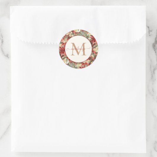 Sticker Rond Élégant Monogramme de Noël Poinsettia (Sac)