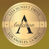 Sticker Rond Élégant Monogramme Faux Gold Black Adresse de reto