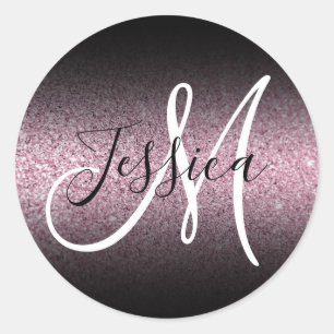 Sticker Rond Élégant Monogramme Faux Paillettes Rose Ombré Noir