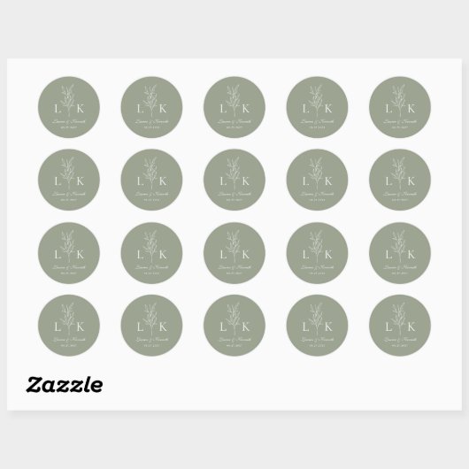 Sticker Rond Élégant Monogramme Feuille classique Mariage Sage (Feuille)