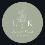 Sticker Rond Élégant Monogramme Feuille classique Mariage Sage<br><div class="desc">Élégant autocollant rond de monogramme de feuille verte sauge.</div>