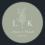 Sticker Rond Élégant Monogramme Feuille classique Mariage Sage<br><div class="desc">Élégant autocollant rond de monogramme de feuille verte sauge.</div>