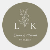 Sticker Rond Élégant Monogramme feuille classique Mariage vert (Devant)