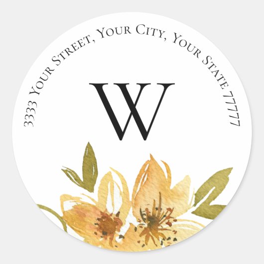Sticker Rond Élégant Monogramme Floral Jaune Adresse de retour (Devant)