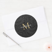 Sticker Rond Élégant Monogramme Floral Or Noir (Enveloppe)