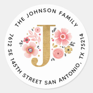 Sticker Rond Élégant Monogramme Floral Rose Adresse de retour L