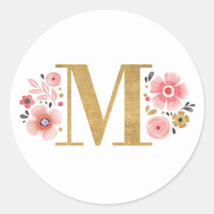 Sticker Rond Élégant Monogramme floral rose initial Lettre or M