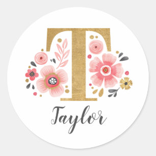 Sticker Rond Élégant Monogramme floral rose initial Lettre or T