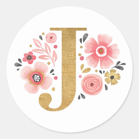 Sticker Rond Élégant Monogramme Floral Rose Lettre initiale J (Devant)