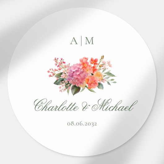 Sticker Rond  Élégant Monogramme Floral Script Mariage