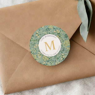 Sticker Rond Élégant monogramme floral vert or adresse de retou