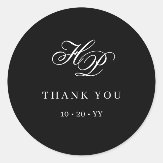 Sticker Rond Élégant Monogramme initial Mariage noir et blanc (Devant)