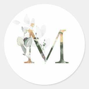 Sticker Rond Élégant Monogramme M Mariage Stationnaire Vert