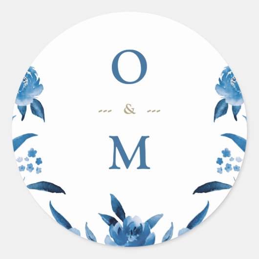 Sticker Rond Élégant monogramme Mariage chinois floral bleu (Devant)