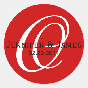 Sticker Rond Élégant Monogramme Mariage noir blanc rouge