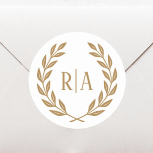 Sticker Rond Élégant Monogramme Mariage Wreath Or Blanc