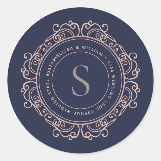 Sticker Rond Élégant Monogramme Marine Cuivre Blush Adresse Sce (Devant)