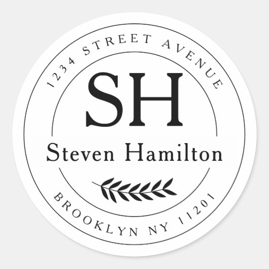 Sticker Rond Élégant Monogramme moderne Nom Feuille Adresse de (Devant)