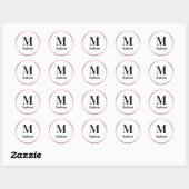 Sticker Rond Élégant Monogramme noir et blanc rose avec nom (Feuille)