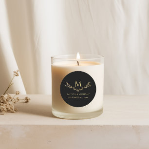 Sticker Rond Elégant Monogramme Noir & Or Wreath Wedding Favor