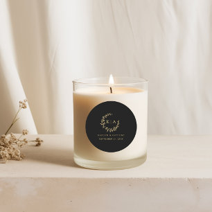 Sticker Rond Elégant Monogramme Noir & Or Wreath Wedding Favor