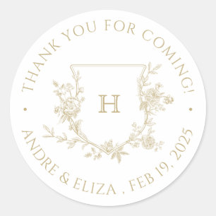 Sticker Rond Élégant Monogramme Or Crest Mariage Merci