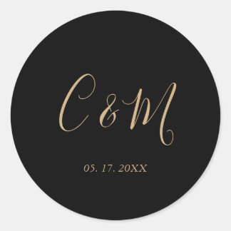 Sticker Rond Élégant Monogramme Or Mariage noir