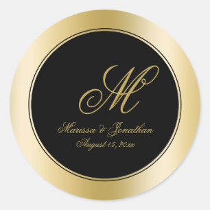 Sticker Rond Élégant Monogramme Or Script Mariage noir