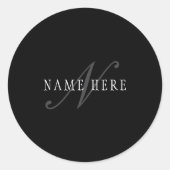 Sticker Rond Élégant Monogramme personnalisable | Noir gris bla (Devant)