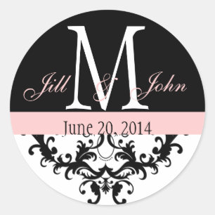 Sticker Rond Elégant Monogramme rose Black Fils Mariage Seal