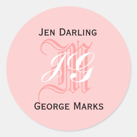 Sticker Rond Élégant monogramme rose, noir, blanc Mariage sceau (Devant)