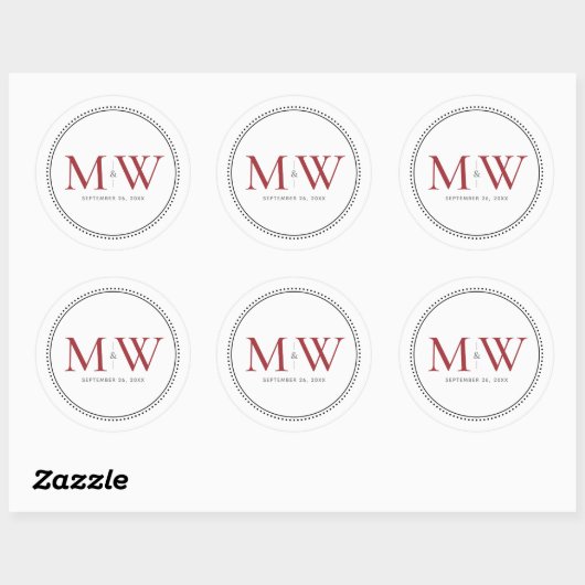 Sticker Rond Élégant Monogramme rouge Mariage Classic Round Sti (Feuille)