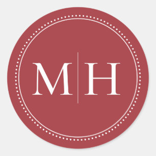 Sticker Rond Élégant Monogramme Rouge Minimaliste Bordure Point