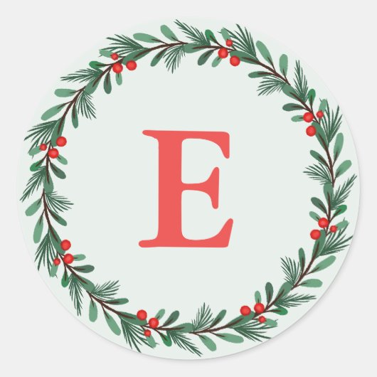 Sticker Rond Élégant Monogramme rouge vert couronne de Noël (Devant)